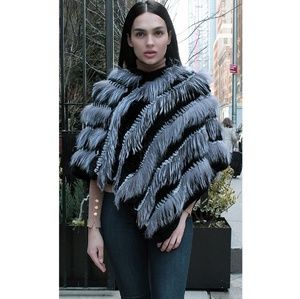 Silver Fox black Rex Rabbit Fur Poncho